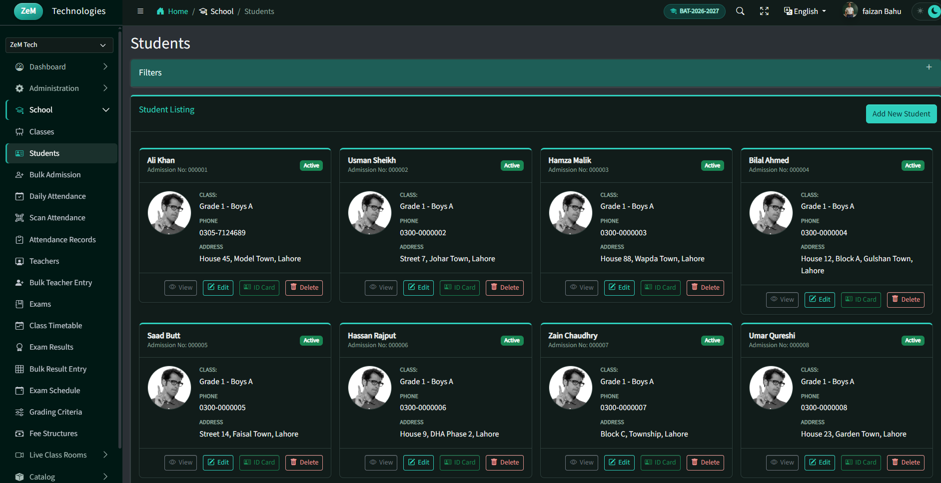 Students listing — student directory cards (dark theme)
