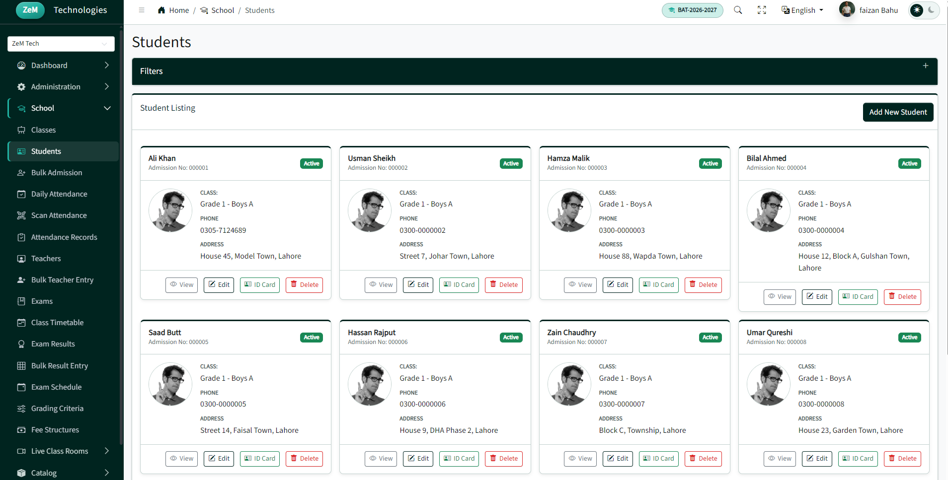 Students listing — student directory cards (light theme)