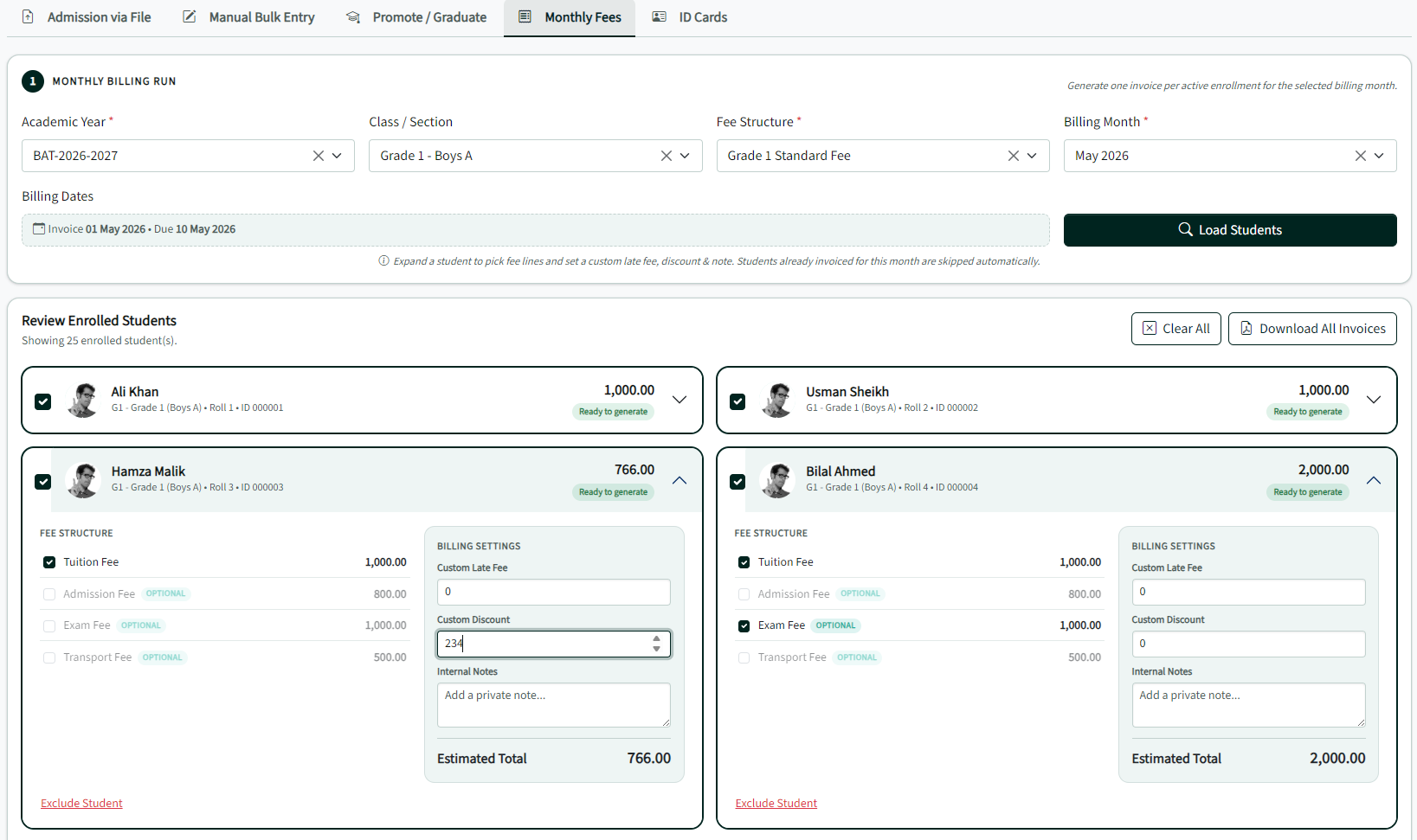 Monthly fees management (light theme)