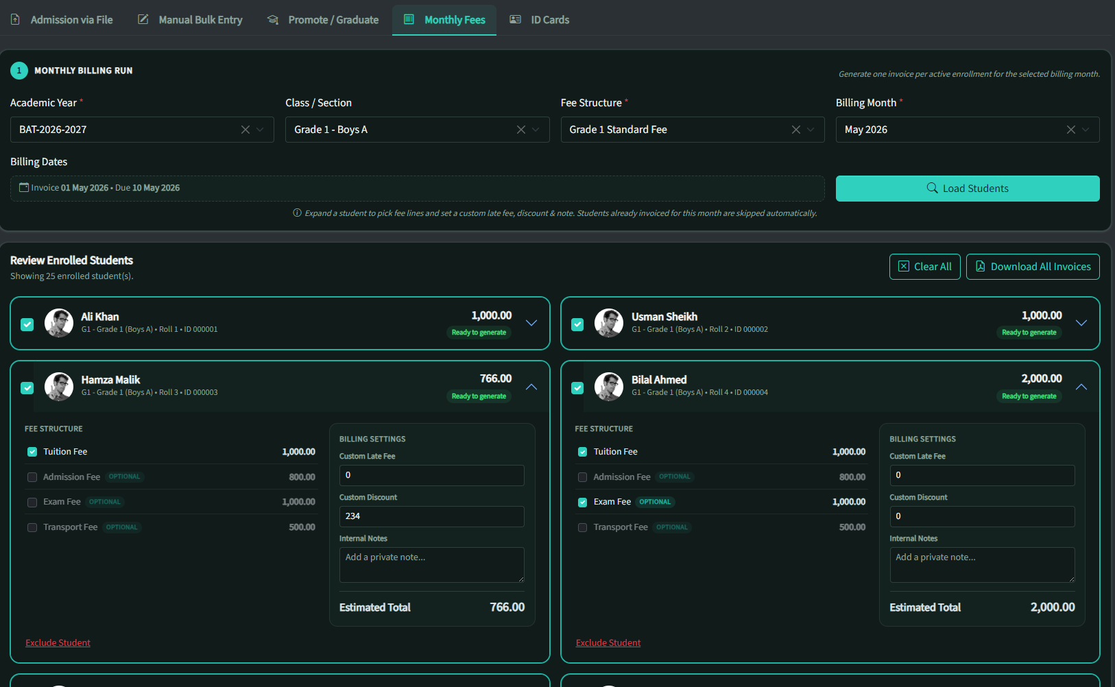 Monthly fees management (dark theme)