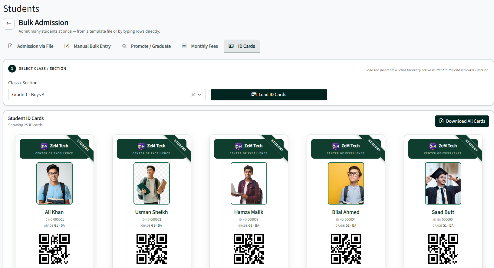 Bulk student ID cards (light theme)