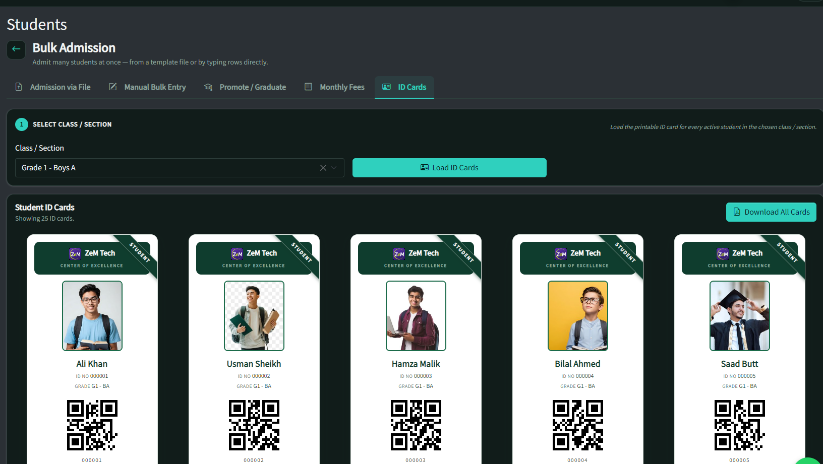 Bulk student ID cards (dark theme)