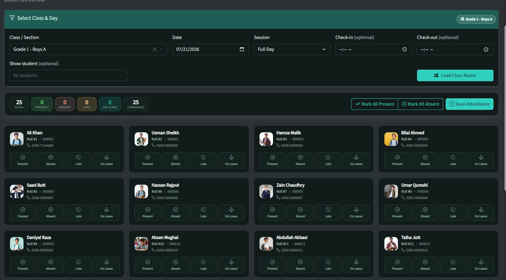 Daily attendance management (dark theme)