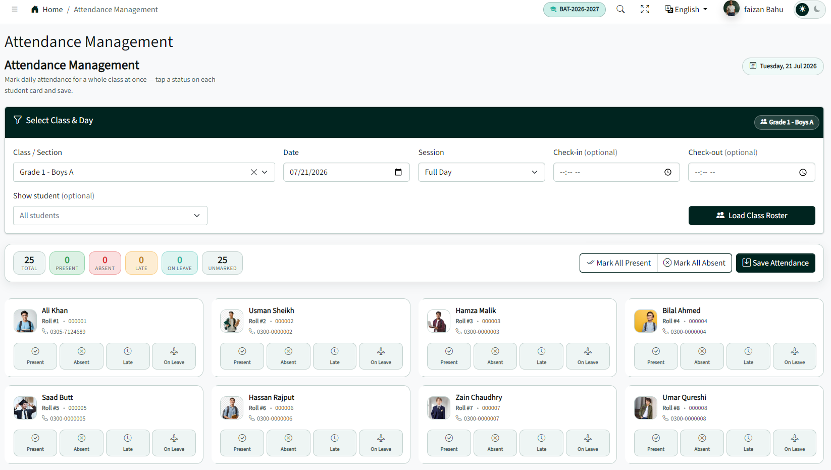 Daily attendance management (light theme)