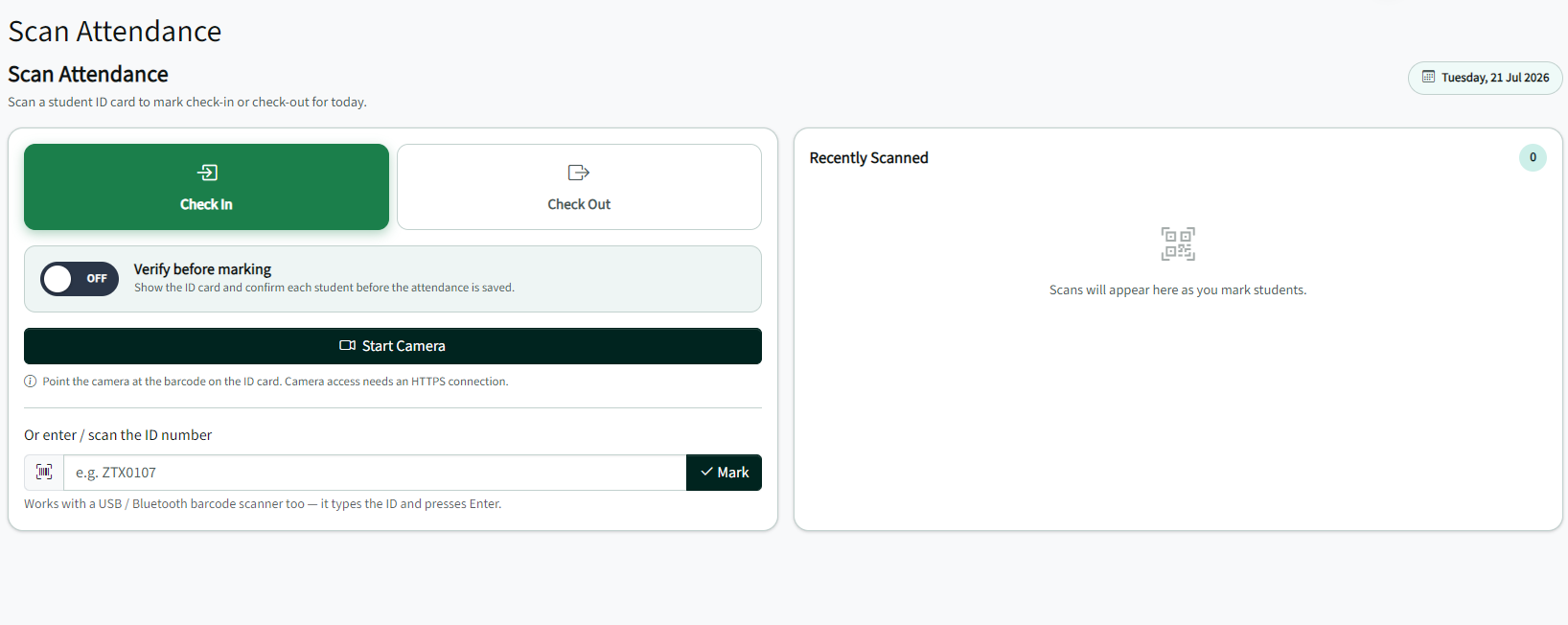 Scan attendance screen (light theme)