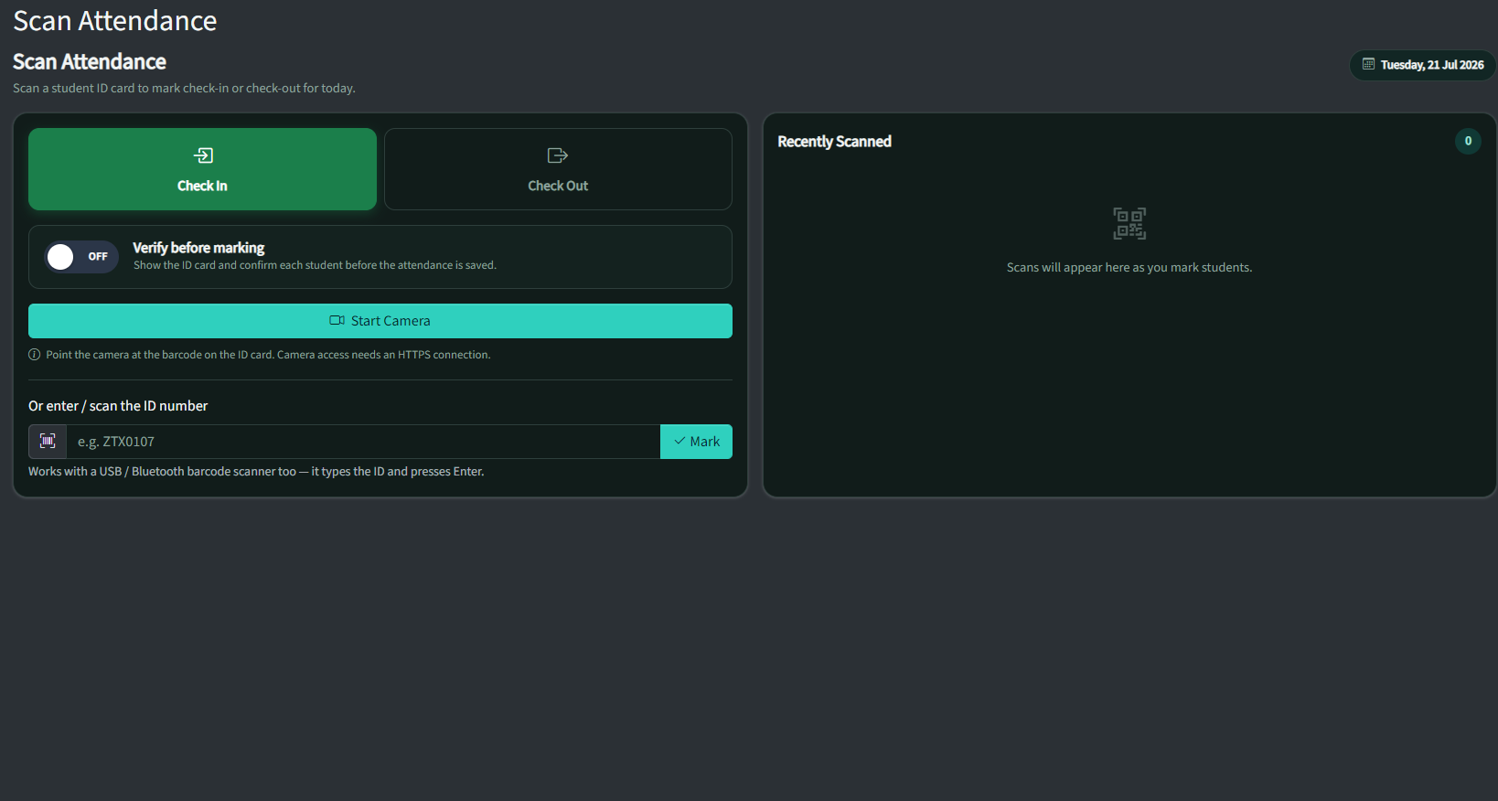 Scan attendance screen (dark theme)