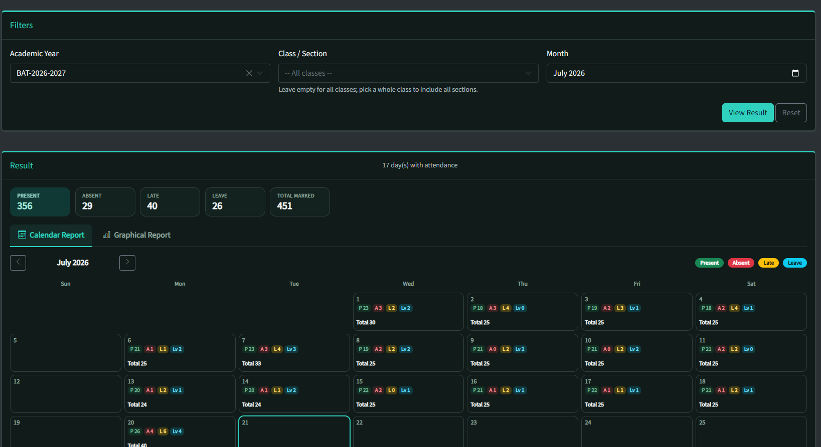 Attendance report (dark theme)