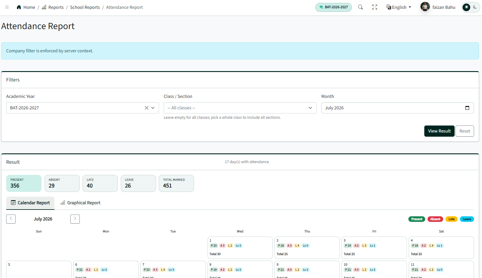 Attendance report (light theme)
