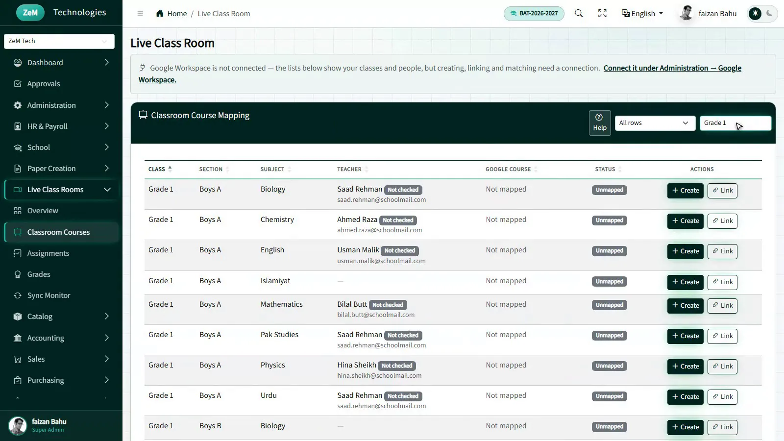 Live Class Room course mapping table