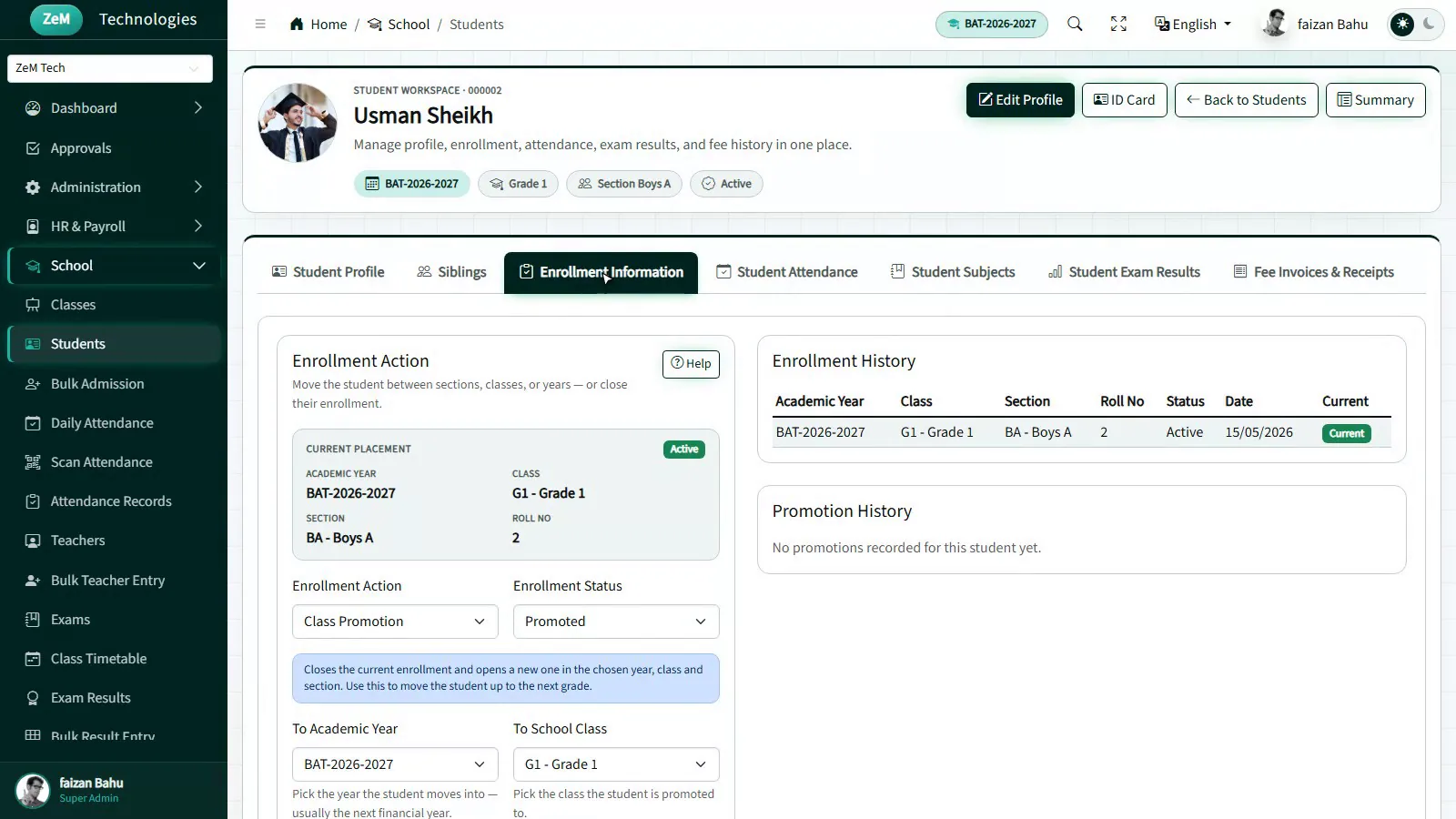 Enrollment information tab with current placement and enrollment history