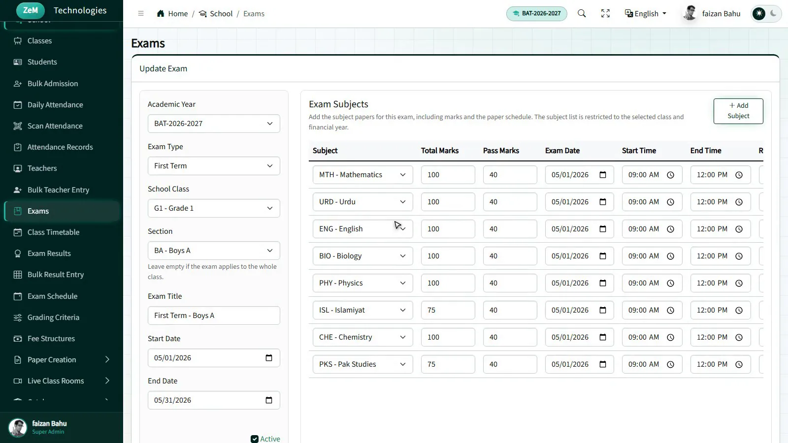Update exam screen with eight subject papers