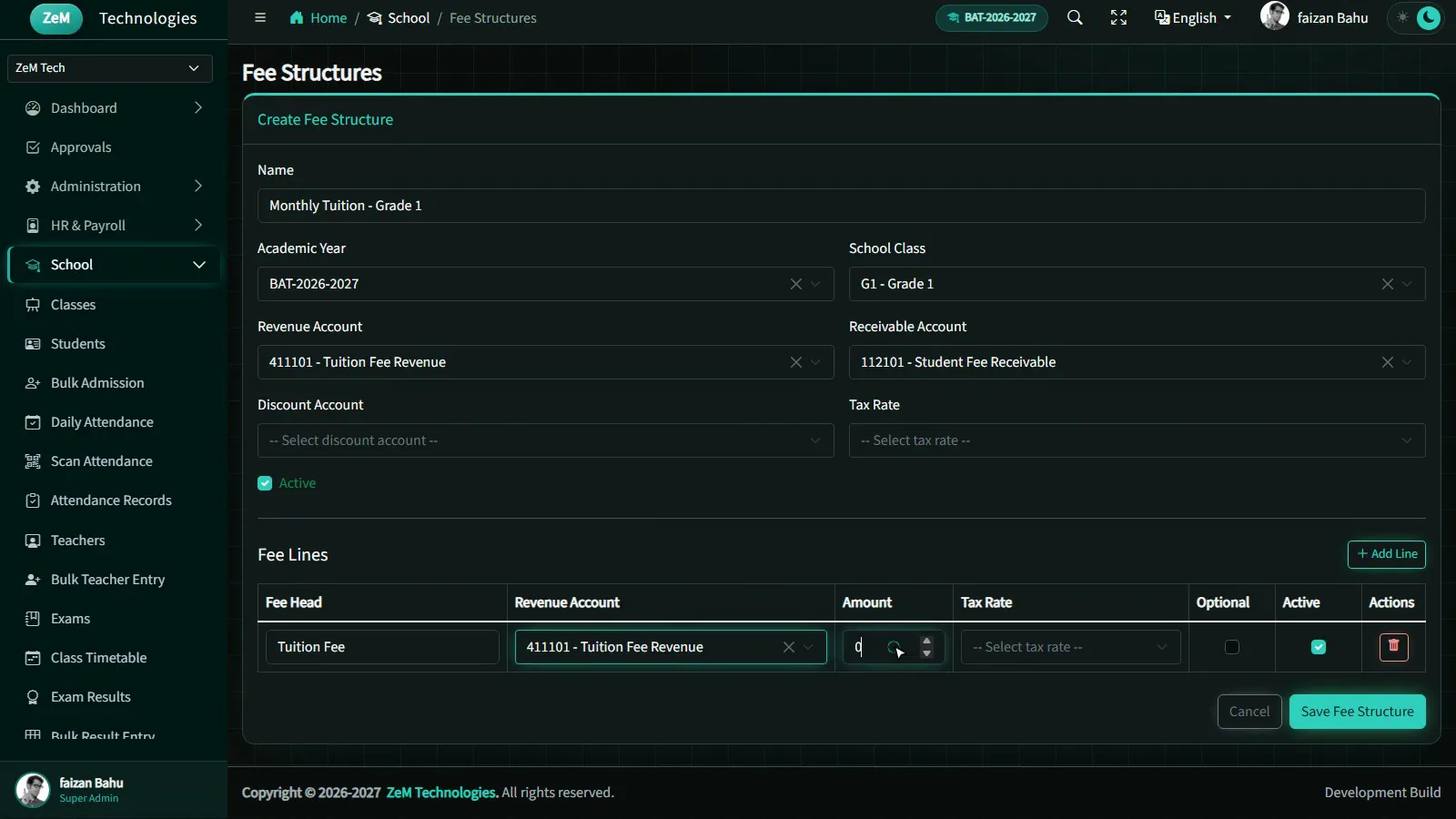 Create fee structure form with tuition fee line (dark theme)