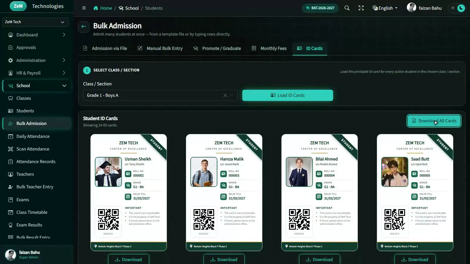 Bulk student ID cards for Grade 1 Boys A (dark theme)
