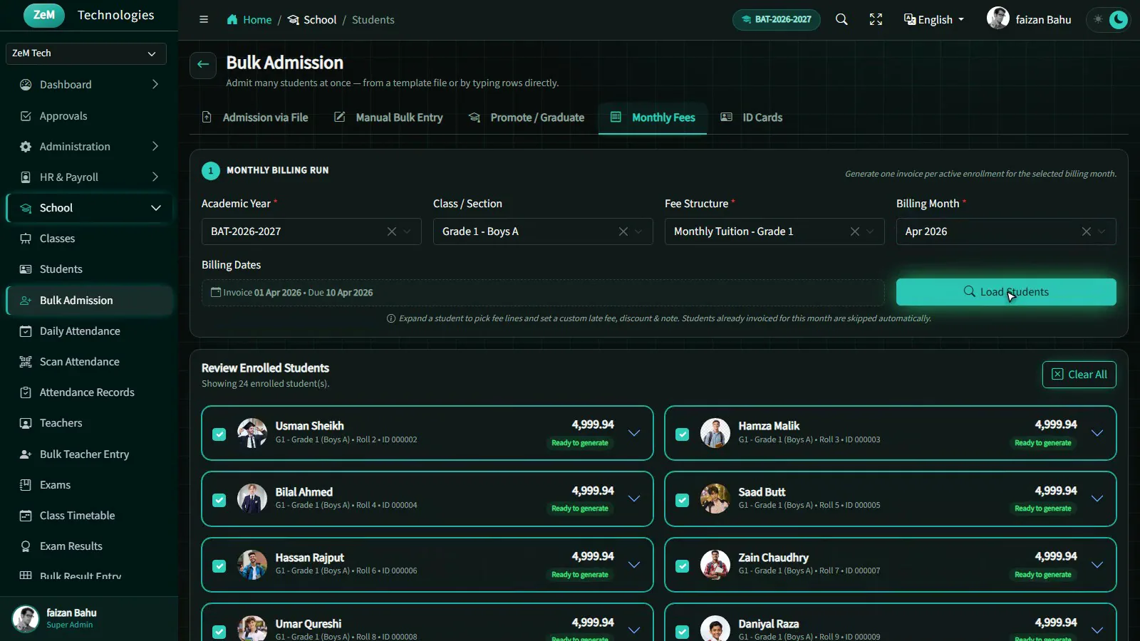 Monthly billing run reviewing 24 enrolled students (dark theme)