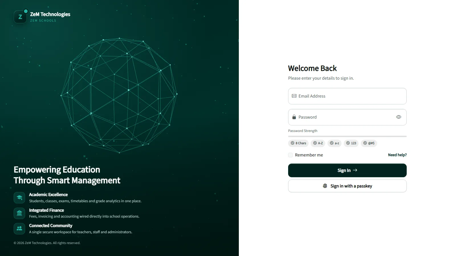ZeM Schools sign-in screen — the opening frame of the walkthrough video