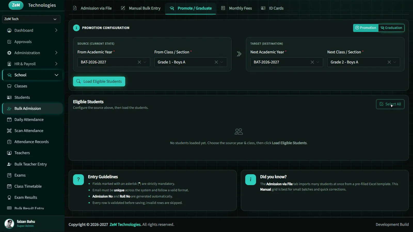 Promotion configuration from Grade 1 Boys A to Grade 2 Boys A (dark theme)