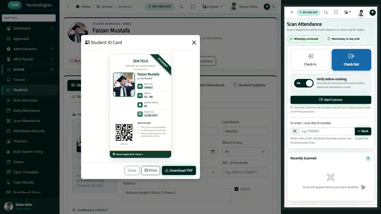 Student ID card next to the phone scan attendance screen