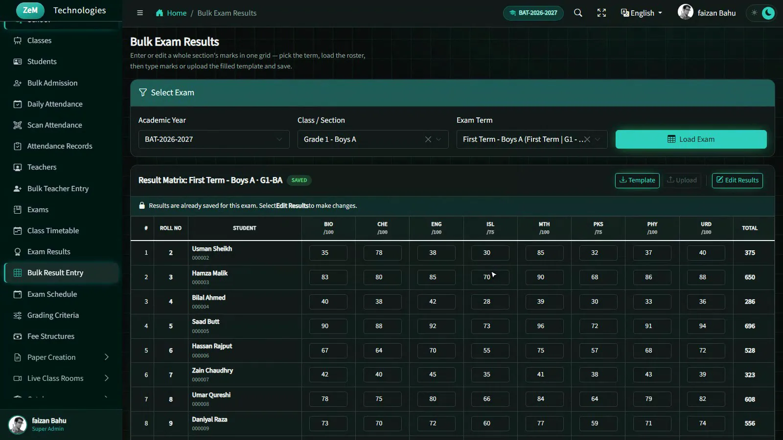 Bulk exam results matrix for First Term Boys A (dark theme)