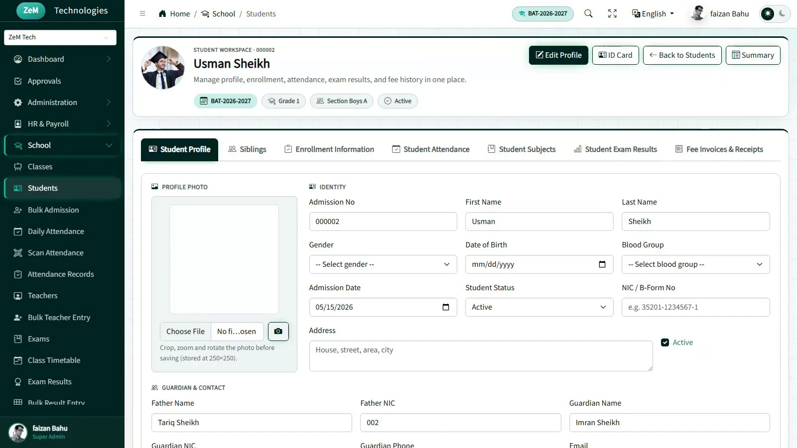 Student workspace with profile, guardian and contact details
