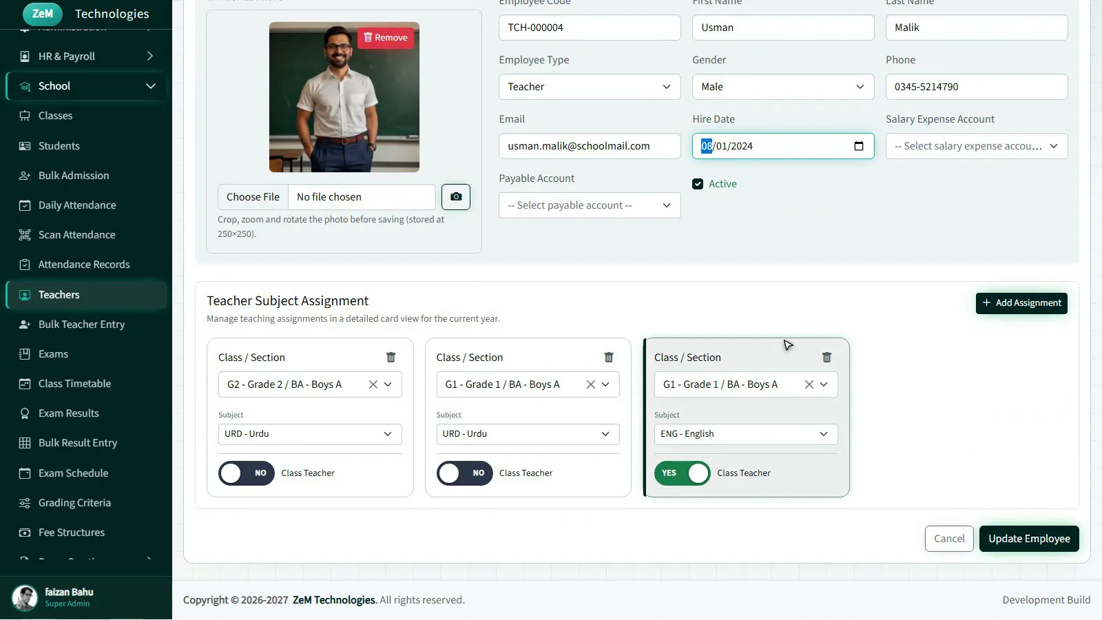 Teacher edit screen with subject assignment cards
