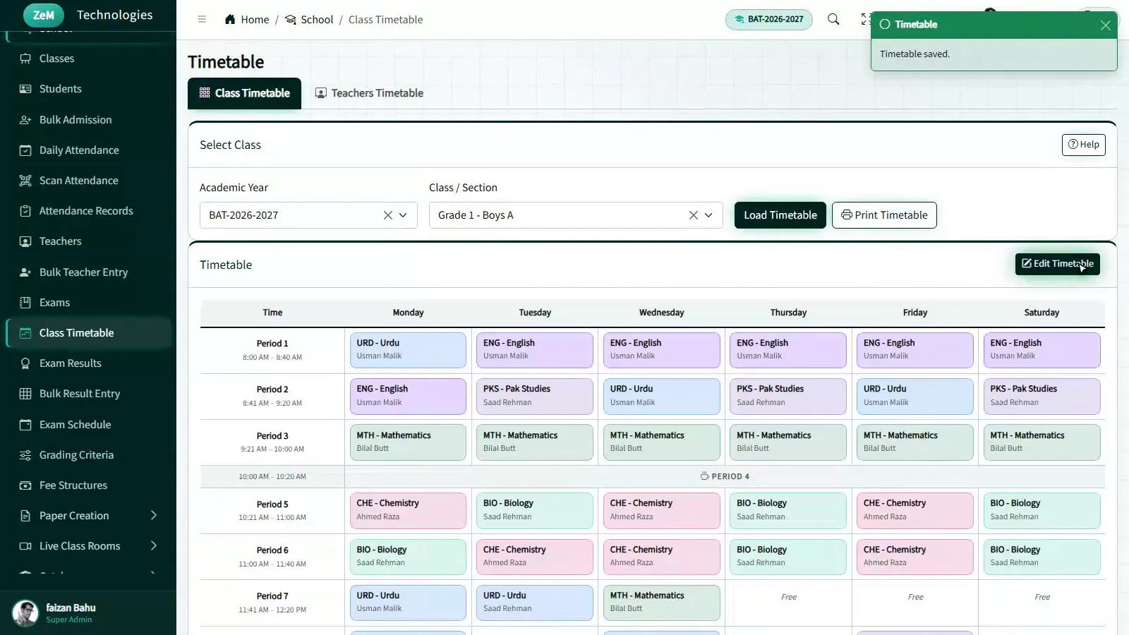 Weekly class timetable for Grade 1 Boys A