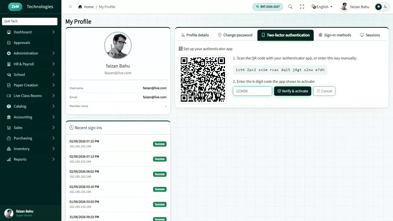 My Profile page with two-factor authentication setup