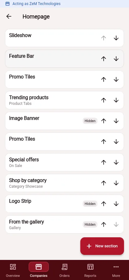 Admin app homepage sections