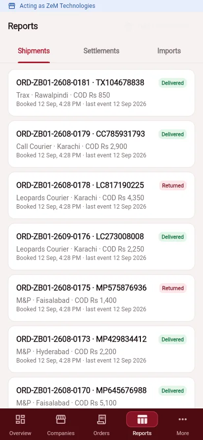 Admin app shipment reports