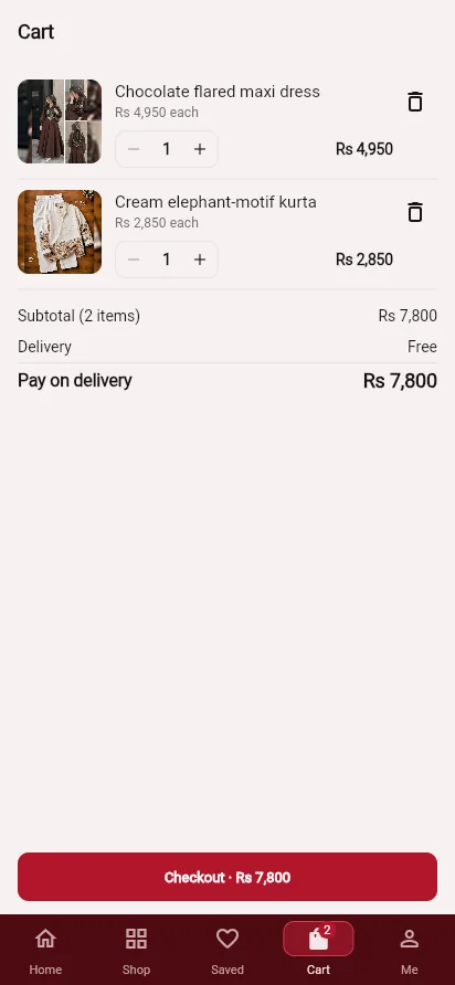 Customer app cart with two items