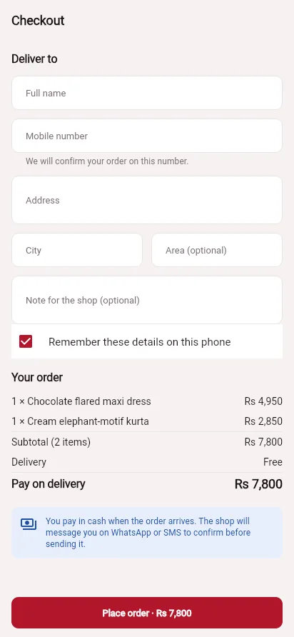 Customer app checkout form