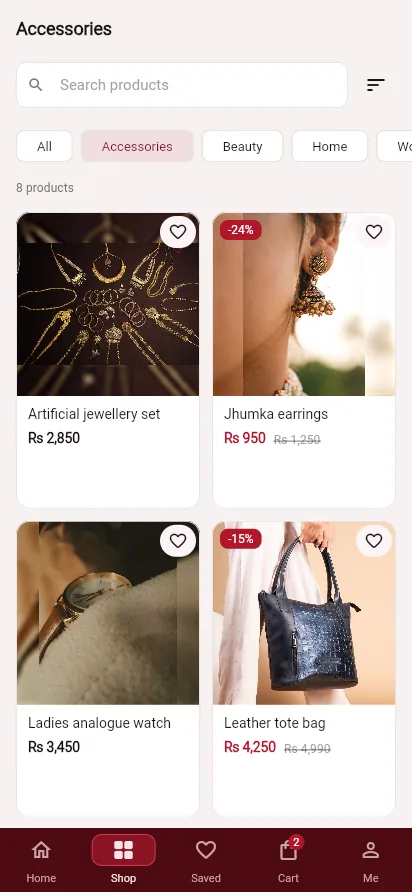 Customer app shop screen filtered to accessories