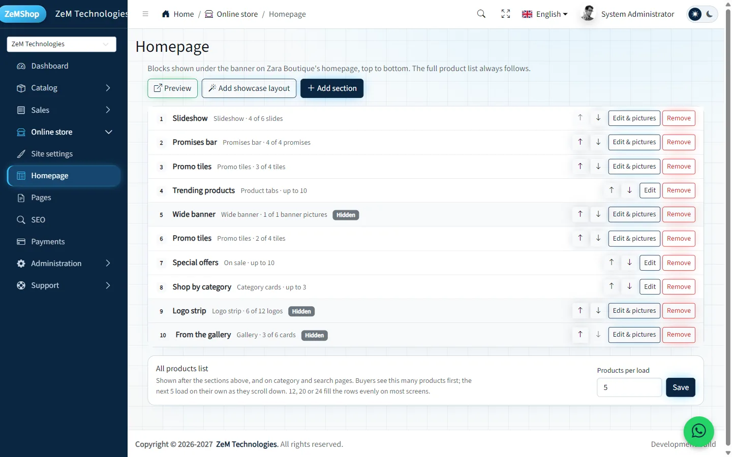 Homepage section list with ten sections