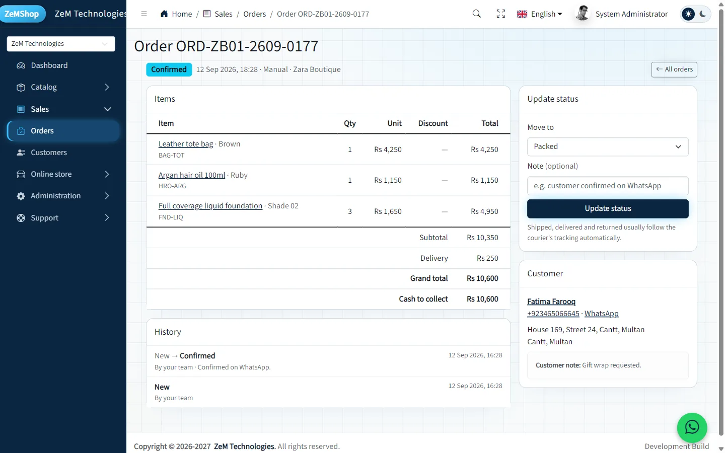 Order detail with items, totals and status history