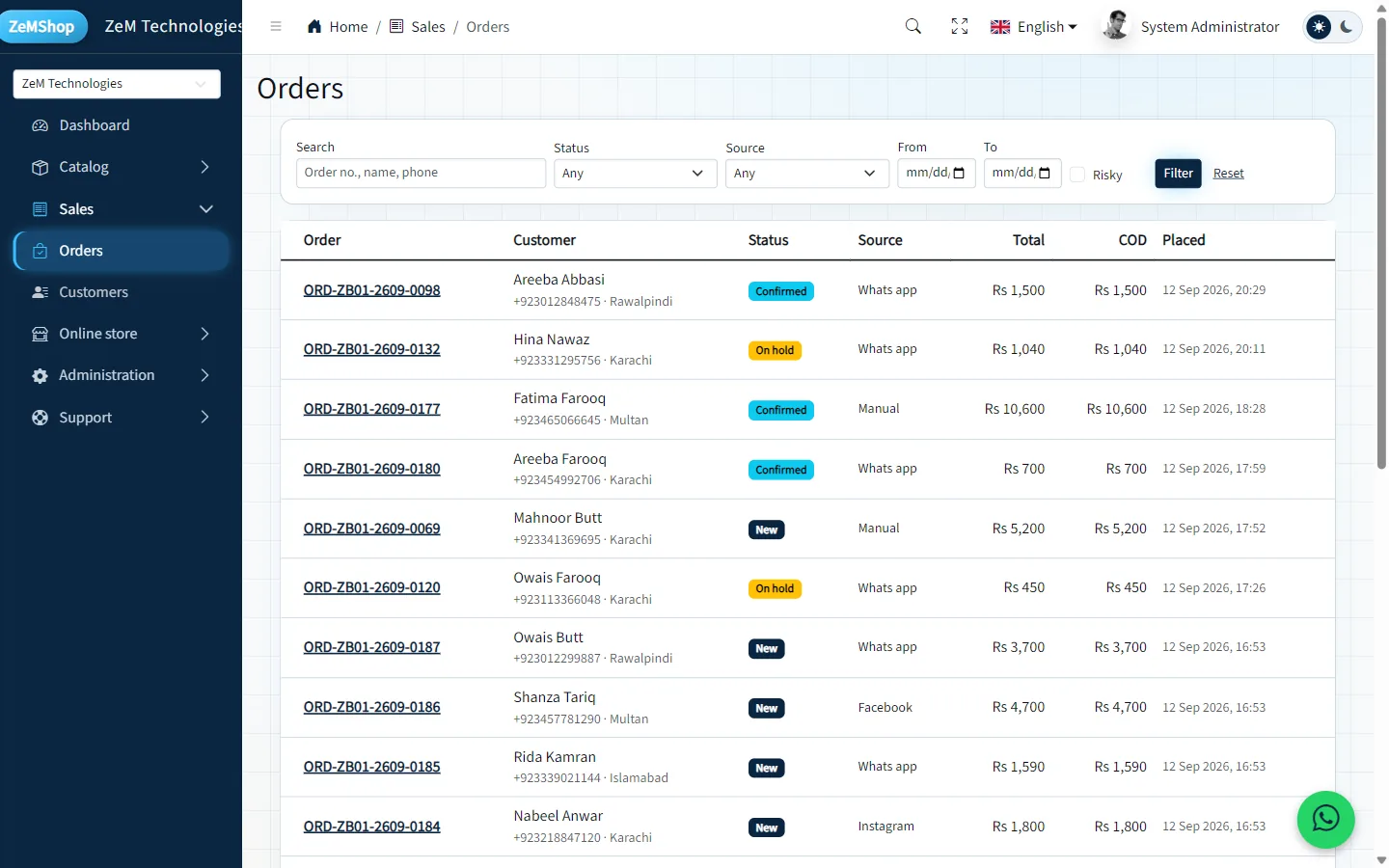 Orders list with WhatsApp, Facebook, Instagram and manual orders