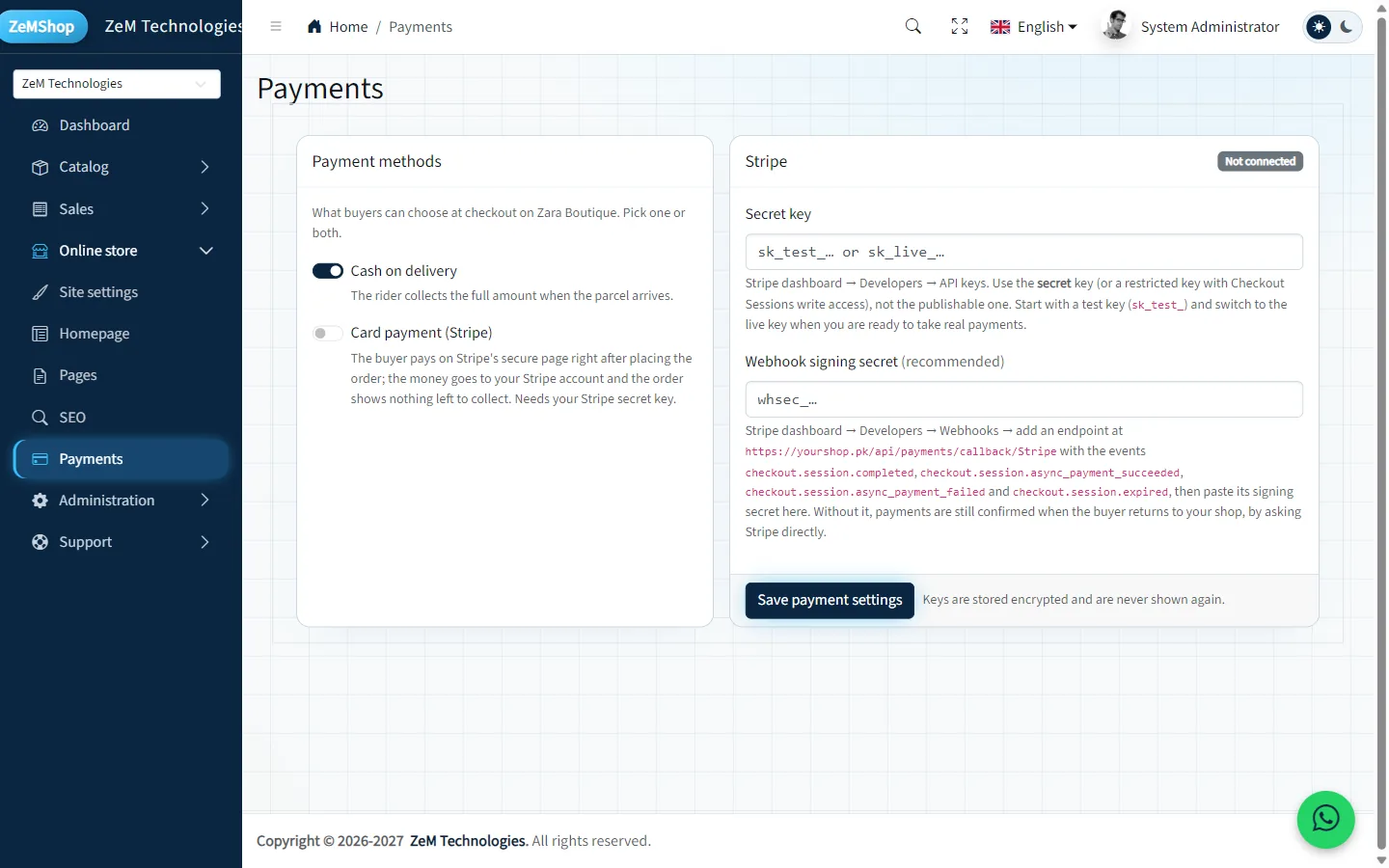Payment methods with cash on delivery and Stripe