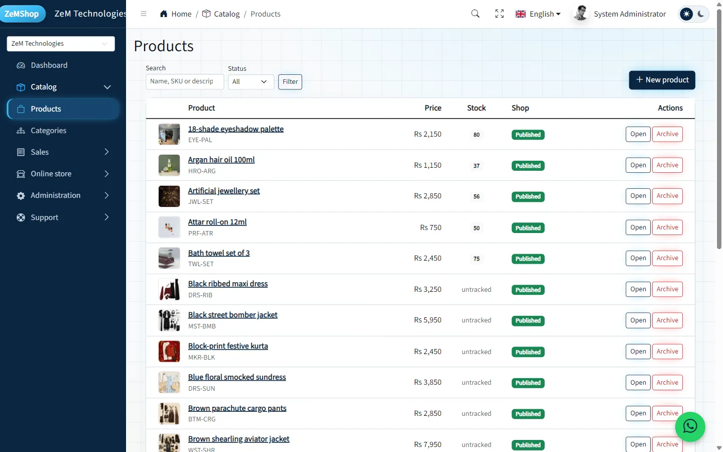 Products list with pictures, prices and published badges