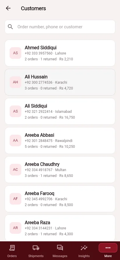 Seller app customers list