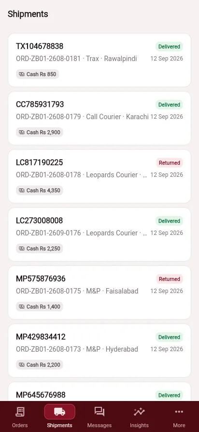 Seller app shipments list