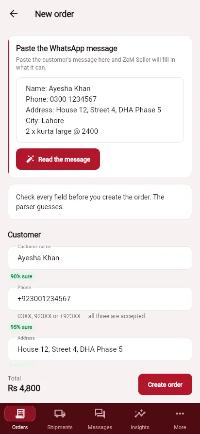 Seller app new order filled from a pasted WhatsApp message