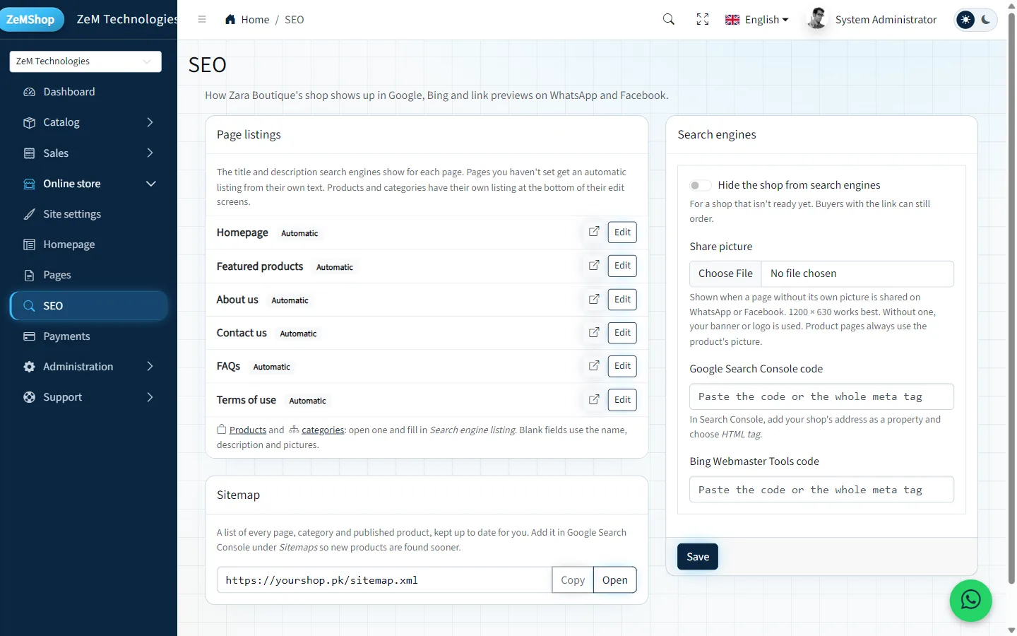 SEO settings with page listings and sitemap