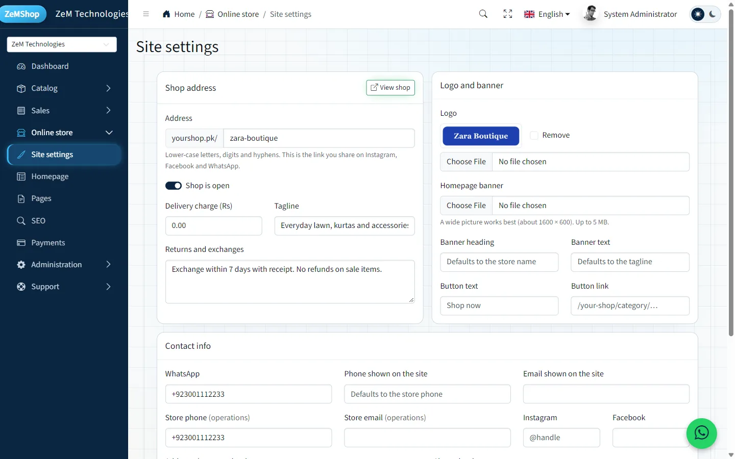 Site settings with shop address, logo and banner