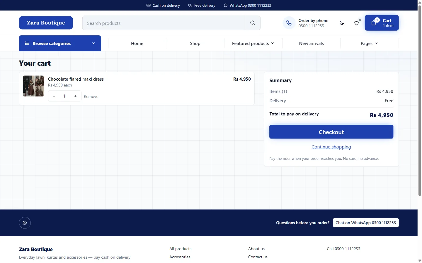 Shopping cart with one item and the cash-on-delivery total