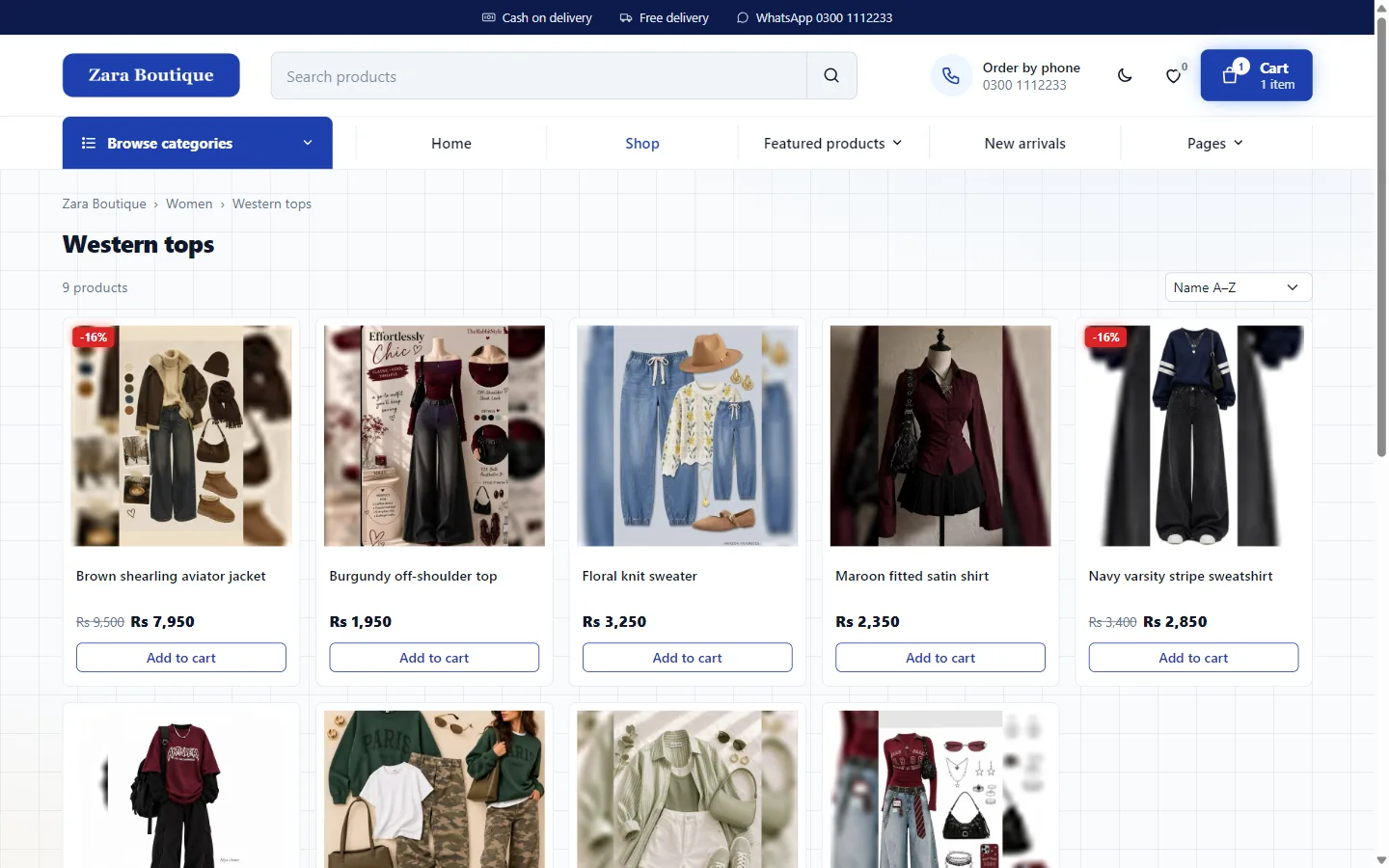 Western tops category page with nine products