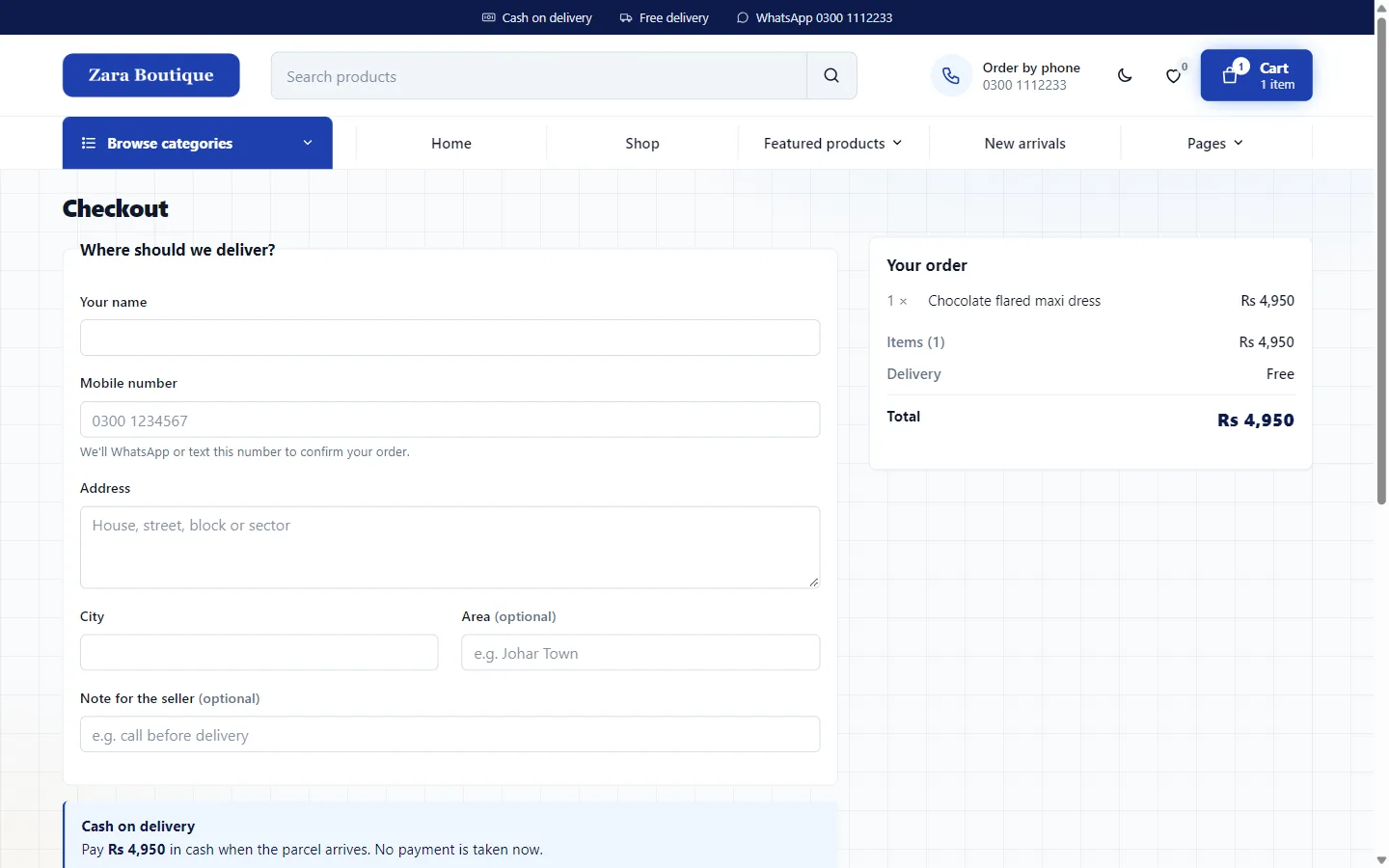 Checkout form with delivery details and order summary