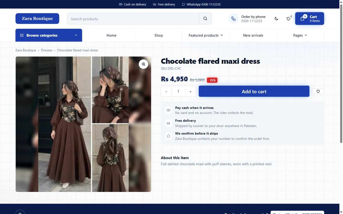 Product page for a chocolate flared maxi dress