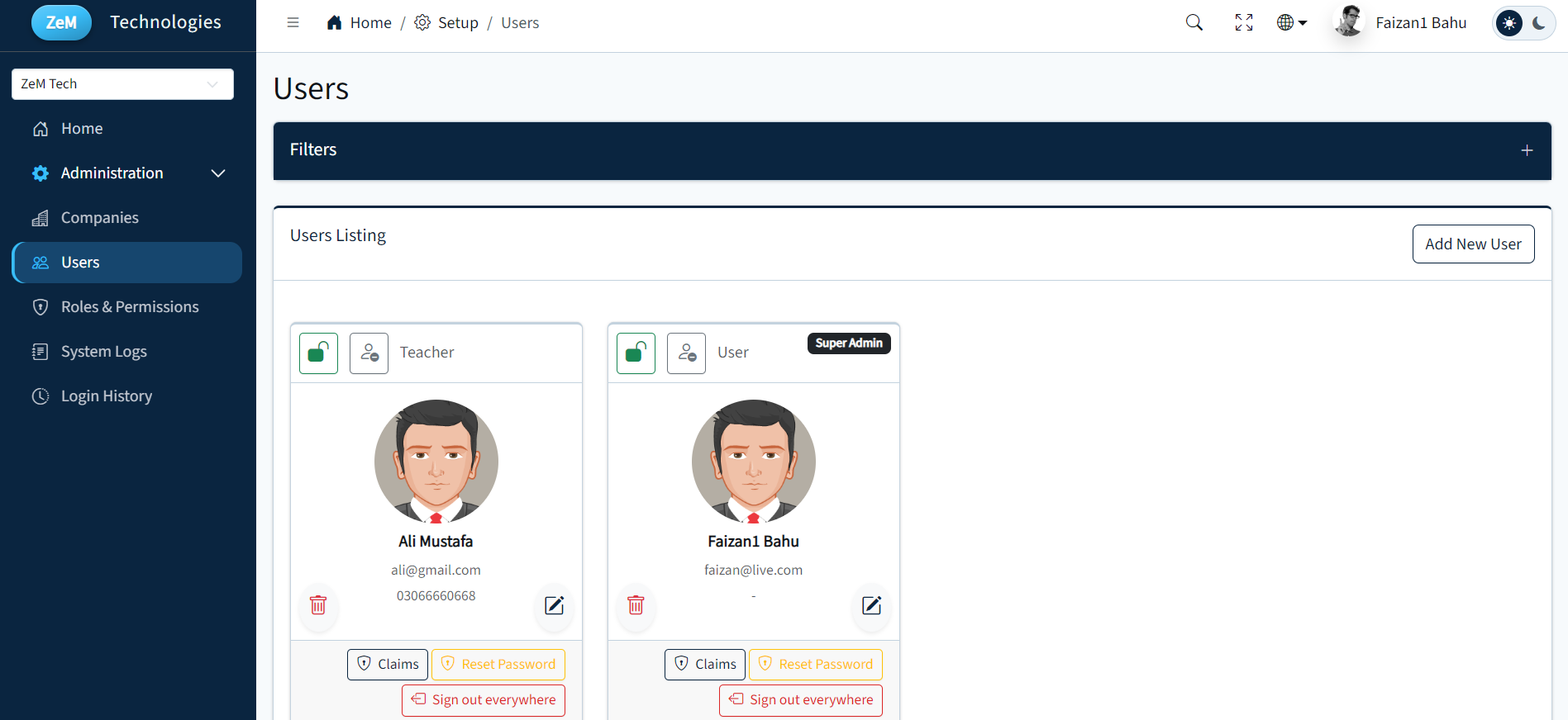 User management listing (light theme)
