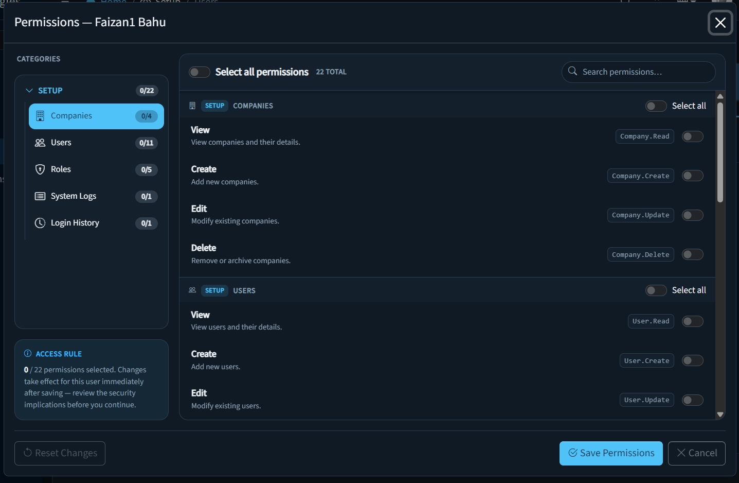 ZeM Boiler Plate — role permissions matrix with category-based access control (dark theme)