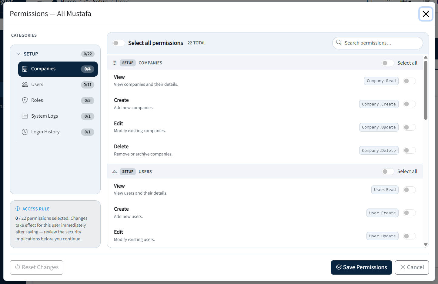 ZeM Boiler Plate — role permissions matrix with category-based access control (light theme)