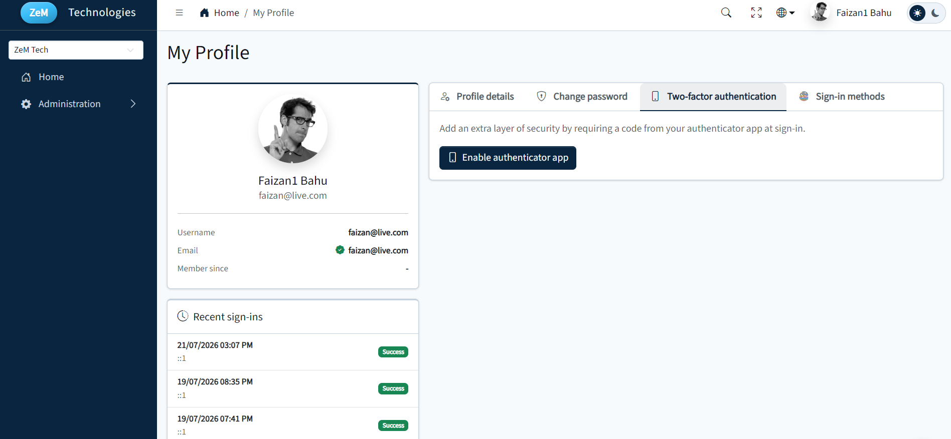 My profile with two-factor authentication (light theme)