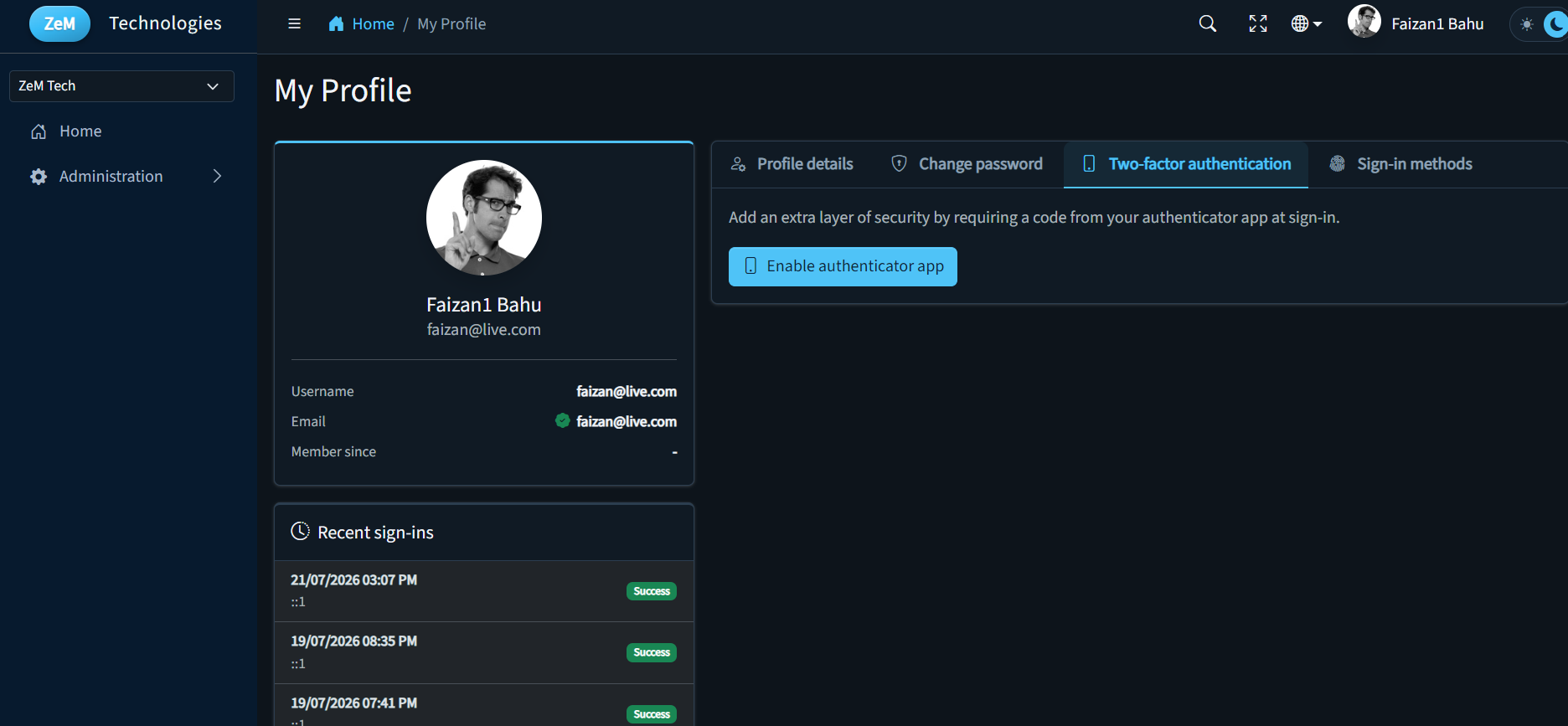 My profile with two-factor authentication (dark theme)